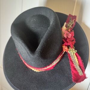Black Hat with Red Floral Accent